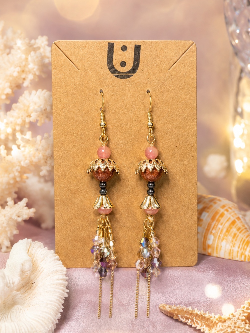 Handcrafted Gold-Tone Pink Bead Dangle Earrings